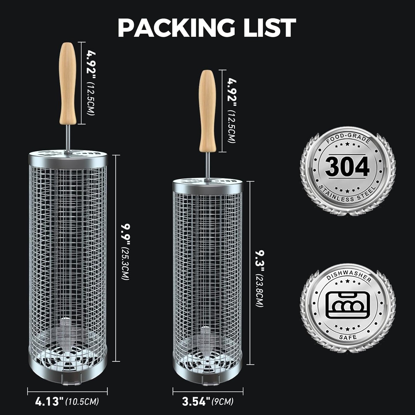 Rolling Grill Basket(2Pcs), Removable Wooden Handle, 304 Stainless Steel, Grilling Accessories Tools for Vegetables Meat Food, Outdoor Camping Grilling, Birthday Gifts for Men Husband Men