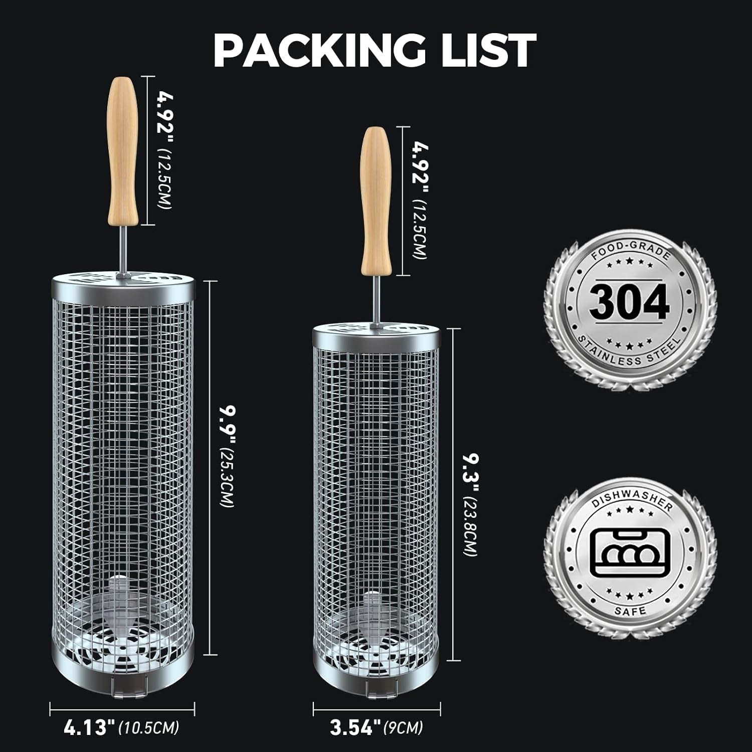 Rolling Grill Basket(2Pcs), Removable Wooden Handle, 304 Stainless Steel, Grilling Accessories Tools for Vegetables Meat Food, Outdoor Camping Grilling, Birthday Gifts for Men Husband Men