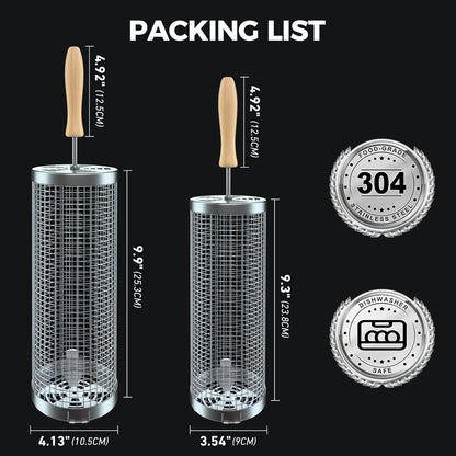 Rolling Grill Basket(2Pcs), Removable Wooden Handle, 304 Stainless Steel, Grilling Accessories Tools for Vegetables Meat Food, Outdoor Camping Grilling, Birthday Gifts for Men Husband Men