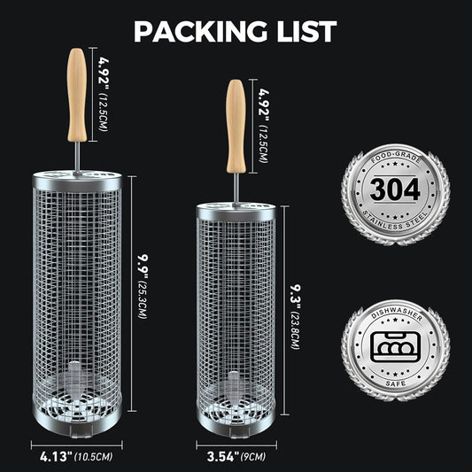 Rolling Grill Basket(2Pcs), Removable Wooden Handle, 304 Stainless Steel, Grilling Accessories Tools for Vegetables Meat Food, Outdoor Camping Grilling, Birthday Gifts for Men Husband Men