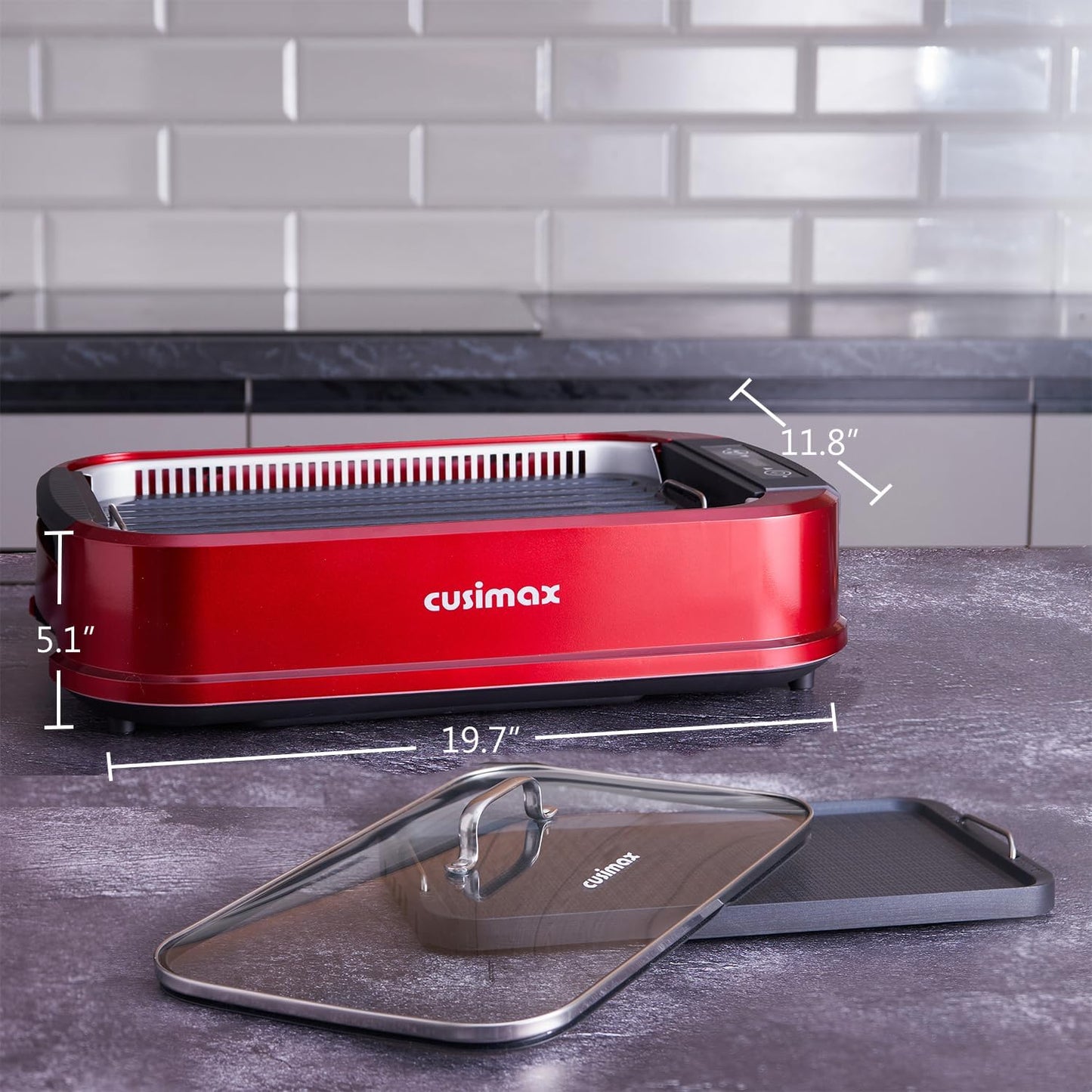 Indoor Grill, CUSIMAX Smokeless Grill Indoor, Electric Grill Griddle, 1500W Korean BBQ Grill with LED Smart Display & Tempered Glass Lid, Non-Stick Removable Grill Plate & Griddle Plate, Red