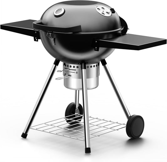 22 Inch Charcoal Grill with 2 Foldable Side Tables,Charcoal Kettle Grills with Wheels,Outdoor Bbq Grill,Portable Charcoal Grill for Camping,Party,Backyard (Black)