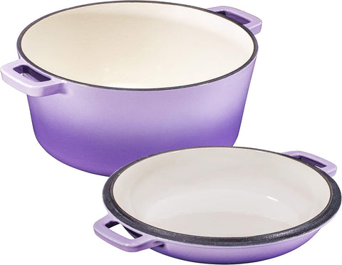 Image of Bruntmor 2-In-1 Enamel Cast Iron Dutch Oven with Handles - Crock Pot Purple Cast Iron Pot with Skillet Lid - All-In-One Cookware Braising Pan for Casserole Dish - 5 Quart, Purple