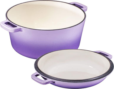 Bruntmor 2-In-1 Enamel Cast Iron Dutch Oven with Handles - Crock Pot Purple Cast Iron Pot with Skillet Lid - All-In-One Cookware Braising Pan for Casserole Dish - 5 Quart, Purple