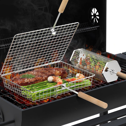 Grill Basket Set(Rectangular+Hexagon), Removable Wooden Handle, 304 Stainless Steel, Rolling Grilling Net, BBQ Accessories Tools for Vegetables Shrimp, Outdoor Cooking Camping, Birthday Gifts for Men Dad Husband