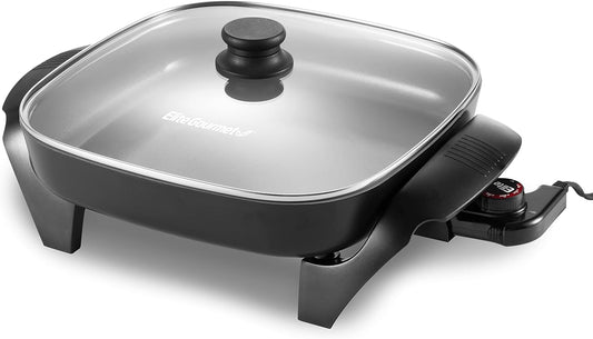 Elite Gourmet EG2212 12"X12"X2.15” Ceralast™ PFAS Free Ceramic Electric Skillet, Dishwasher Safe, Rapid Heat Up, 1200W, Dark Grey