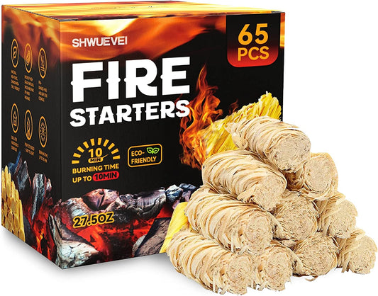 Shwuevei 65 Pcs Fire Starter - Natural Fire Starters for Fireplace, Pellet Stove & Wood, Fire Pit, Smoker, BBQ, Chimney, Pizza Oven - Fire Starters for Grill, Charcoal Starter