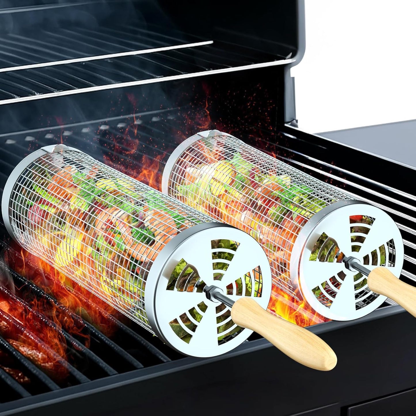 Rolling Grill Basket(2Pcs), Removable Wooden Handle, 304 Stainless Steel, Grilling Accessories Tools for Vegetables Meat Food, Outdoor Camping Grilling, Birthday Gifts for Men Husband Men