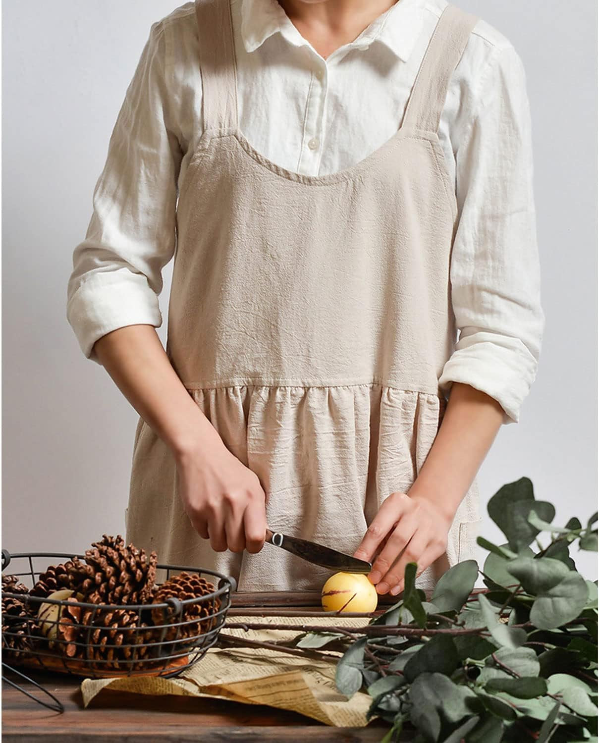 Uaussi Cotton Linen Apron Cross Back Work Apron for Women with Pockets Pinafore Dress X Cross Halter Apron for Chef Gardening