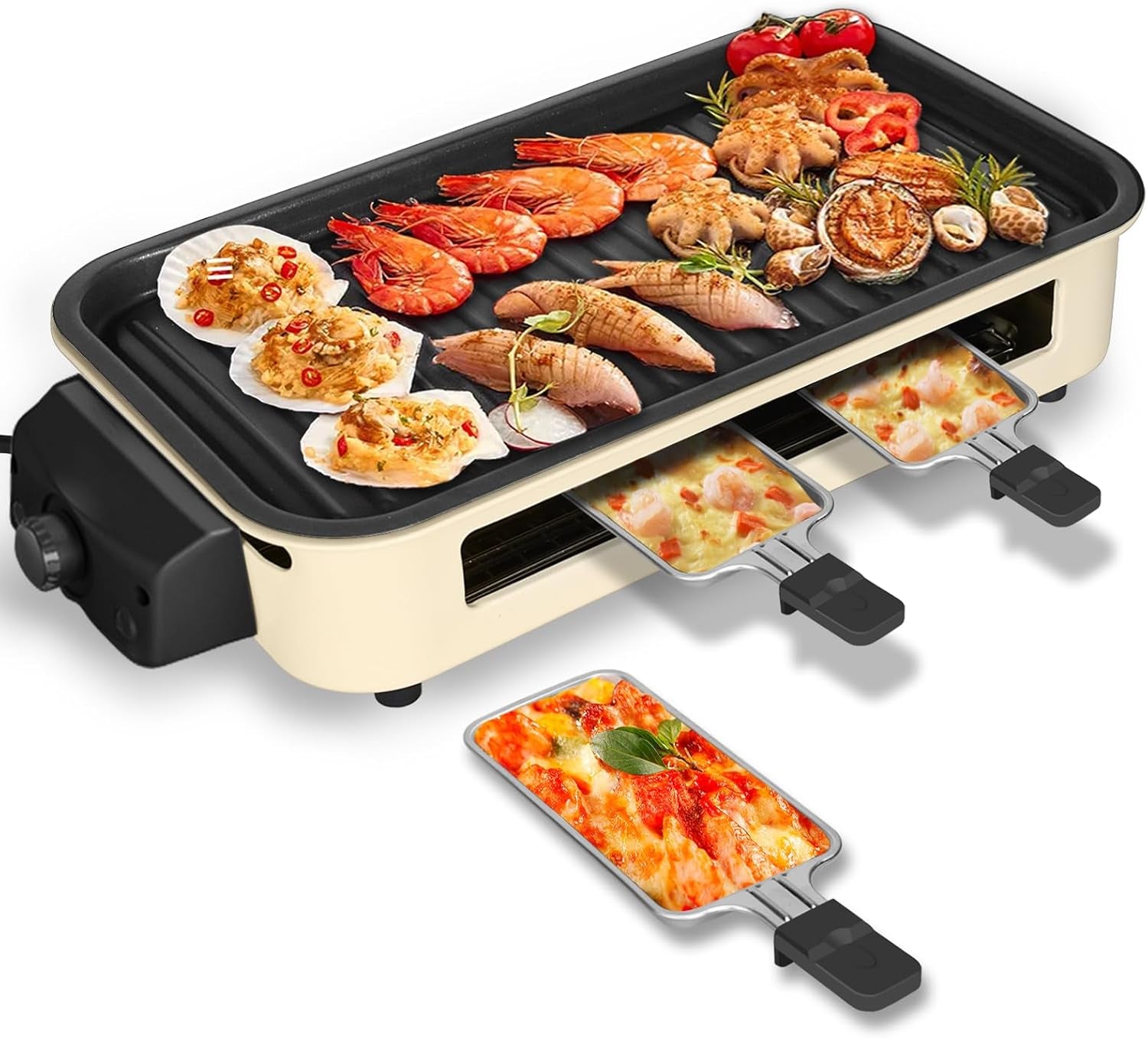 Electric Indoor Grill 1500W, YOHAWJAN 2 in 1 Smokeless Indoor Grills with Non-Stick Removable Grill & Griddle Plate, Temperature Control, Portable Korean BBQ Grill with 3 Raclette Cheese Pans