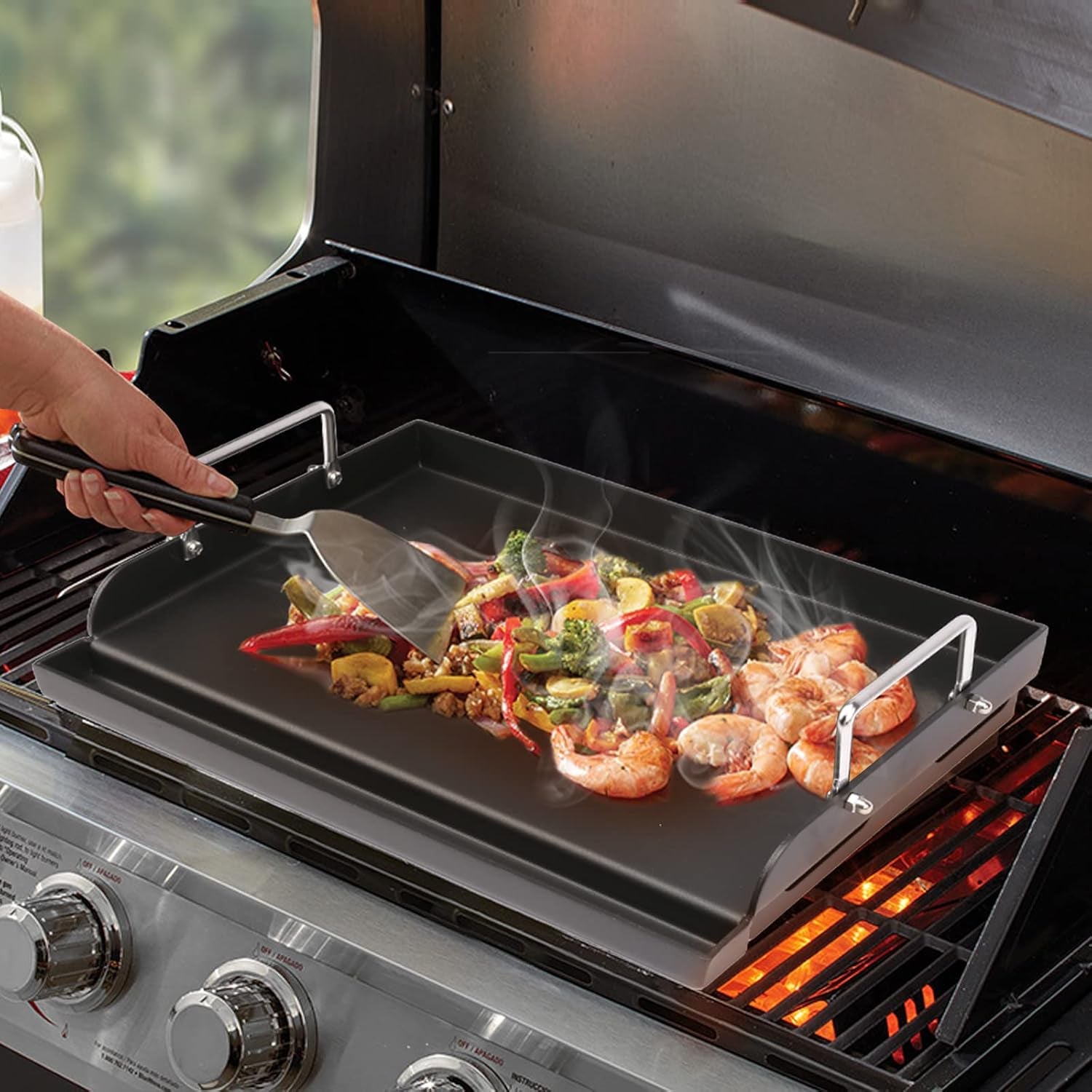 Utheer 17" X 13" Nonstick Coating Cooking Griddle for Gas Grill, Universal Griddle Flat Top Plate Insert with Grease Groove and Removable Handles for Charcoal/Gas Grills, Camping, Tailgating, Parties