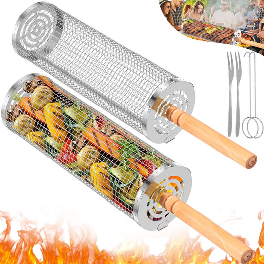 Rolling Grill Baskets for Outdoor Grill, Nesting Grill Baskets with Wood Handle Stainless Tube round Rolling Grill Net Rolling Basket for BBQ Cooking Camping