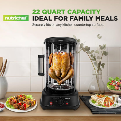 Nutrichef Vertical Rotating Turkey & Shawarma Oven | Rotisserie, Shawarma, & Kebab Machine | Stain-Resistant, Energy-Efficient | Heat-Resistant Door | Includes Kebab Rack & 7 Skewers | Stainless Steel