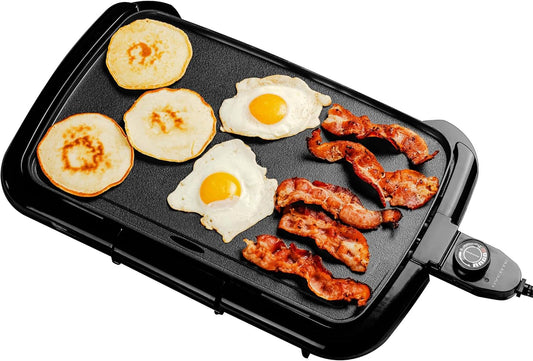 OVENTE Electric Griddle with 16 X 10 Inch Flat Non-Stick Cooking Surface, Removable and Adjustable Temperature Control, Indoor Grill for Instant Breakfast, Pancakes, Eggs or Burgers, Black GD1610B