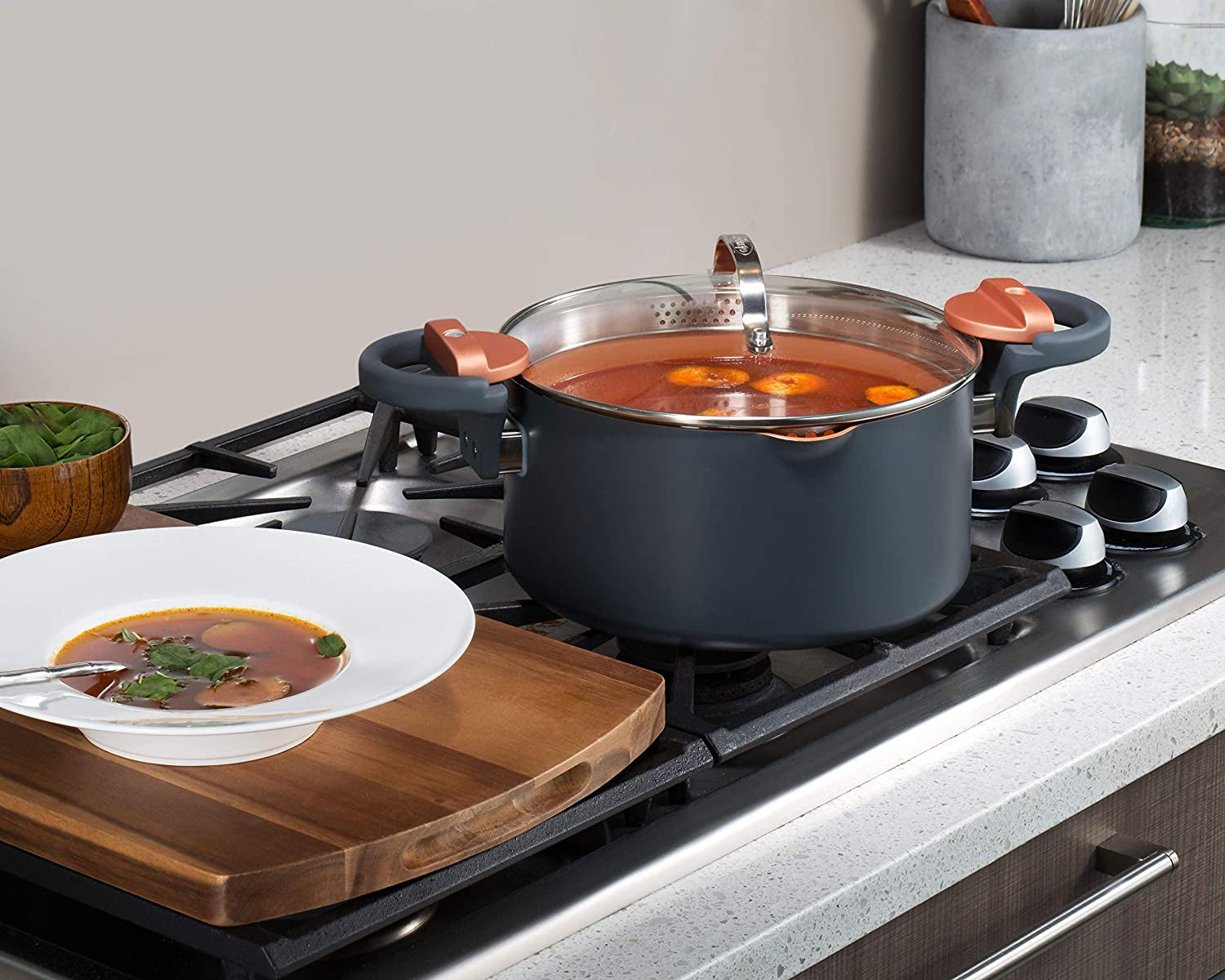 GOTHAM STEEL 5 Qt Ceramic Stock Pot Multipurpose Pasta Pot with Strainer Lid & Twist and Lock Handles, Nonstick Ceramic for Soup, Spaghetti, Rice, Pots for Kitchen, Dishwasher Safe - Copper