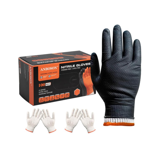 BBQ Gloves for Grilling Disposable Heat Resistant - 100 Nitrile Gloves + 4 Reusable Cotton Liners for Barbecue Smoker, Cooking Hot Meat - 10Mil Thick, Non-Slip Grip - Black Large