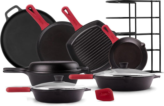 Cast Iron Cookware Set - 17-Piece Pre-Seasoned Kit - 8" Skillet + 10"+12" Skillets with Glass Lid + Grill Pan + Multi-Cooker/Dutch Oven + Flat Griddle + Pizza Pan + Pan Rack Organizer - Indoor/Outdoor