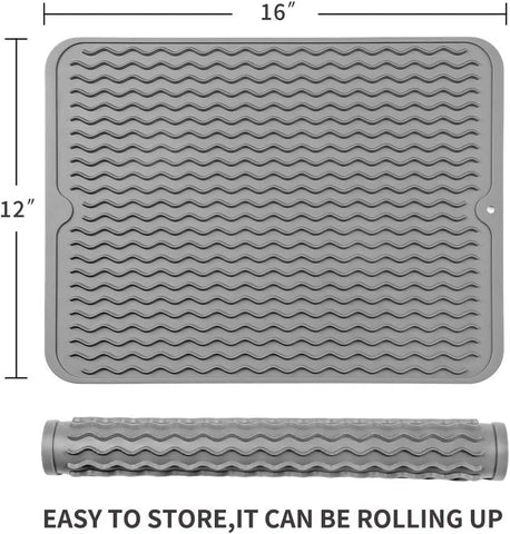 Image of Silicone Dish Drying Mat for Multiple Usage,Easy Clean,Eco-Friendly,Heat-Resistant Silicone Mat for Kitchen Counter or Sink,Refrigerator or Drawer Liner Grey L 16 Inches X 12 Inches