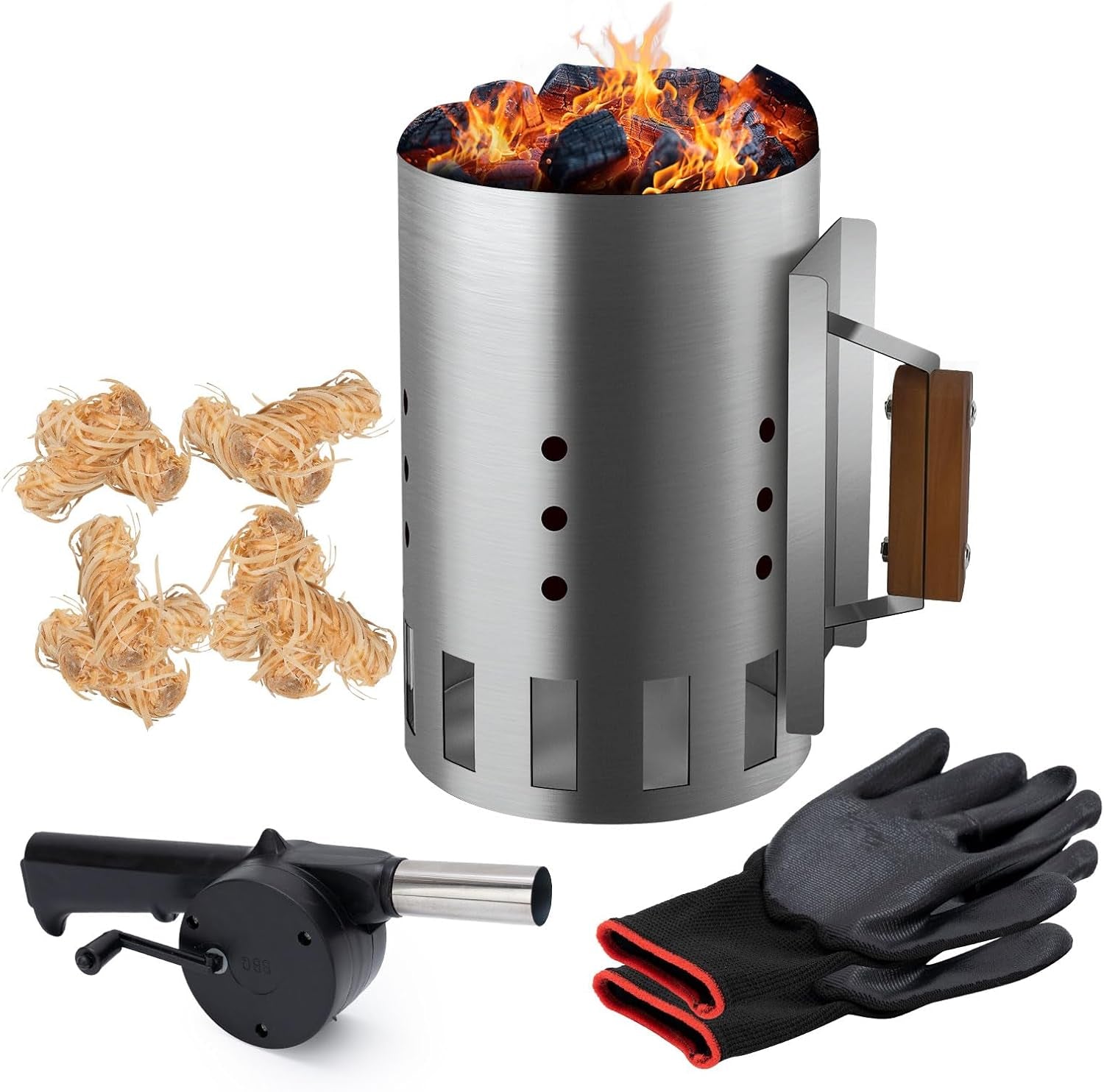 BRIAN & DANY Charcoal Chimney Starter Set for BBQ, Rapid Chimney Starter for Charcoal Grill with Heat Resistant Gloves and Blower, Large-Capacity Design 7.09" X 7.09" X 10.63"