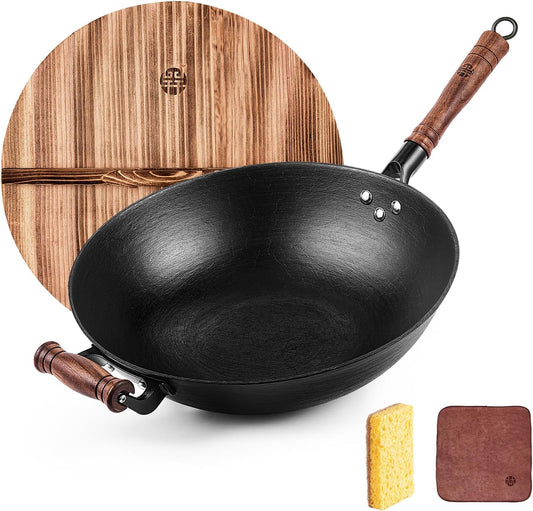 WANGYUANJI Cast Iron Wok Pan 14.2" Large Wok Stir Fry Pan Flat Bottom Wok with Lid and Wood Handle, Suitable for All Cooktops, Uncoated Craft Pot Healthy Cooking Pot