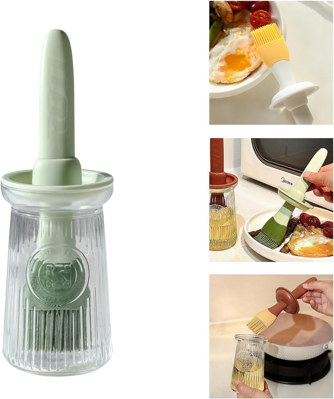 Oil Dispenser with Brush - Glass Olive Oil Dispenser for Kitchen, 3 in 1 Oil Dispenser Bottle with Silicone Basting Brush for Cooking Vinegar Sauce BBQ Grill Frying (Green)