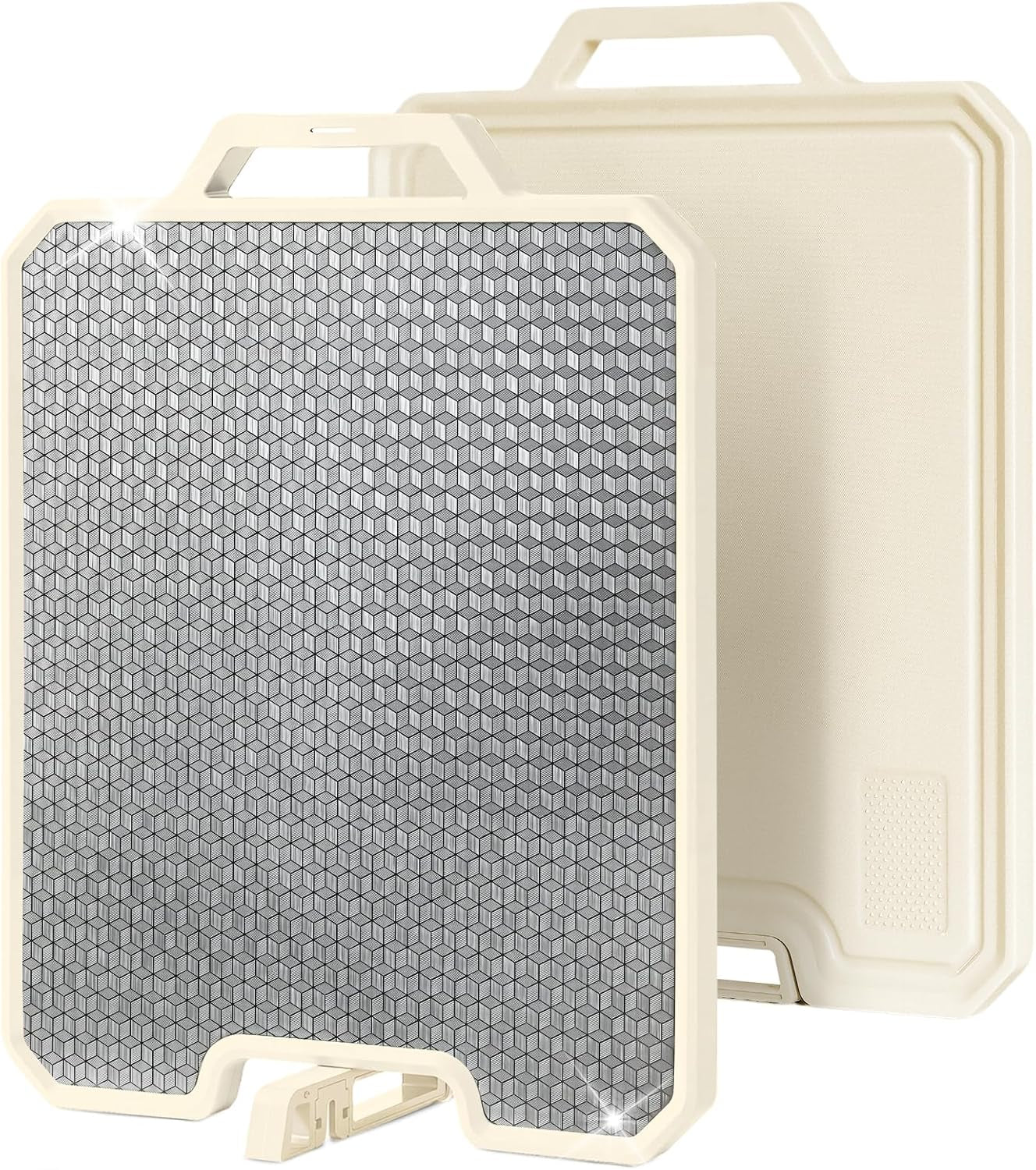 Double Sided Cutting Boards for Kitchen-16X 12 Inch 304 Stainless Steel & Wheat Straw PP Cutting Board for Meat/Vegetable-Non Slip,Dishwasher Safe and Scratch Resistant Chopping Board Beige