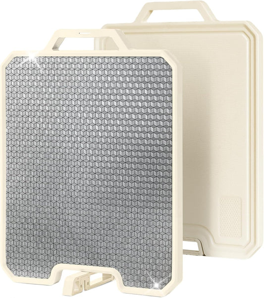 Double Sided Cutting Boards for Kitchen-16X 12 Inch 304 Stainless Steel & Wheat Straw PP Cutting Board for Meat/Vegetable-Non Slip,Dishwasher Safe and Scratch Resistant Chopping Board Beige