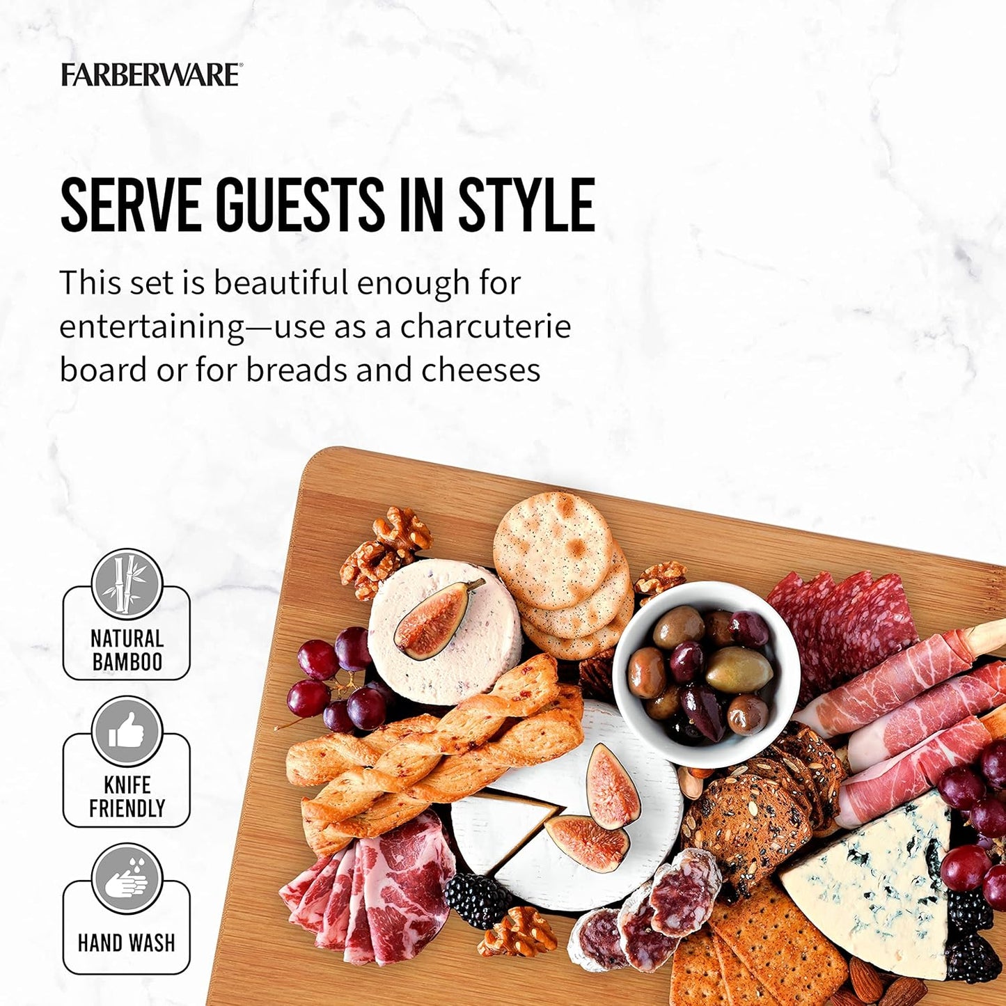Farberware 3-Piece Wood Cutting Board Set, Reversible Chopping Boards for Meal Prep and Serving, Charcuterie Boards, Wooden Cutting Boards with Built-In Handles, Set of 3 Assorted Sizes, Bamboo