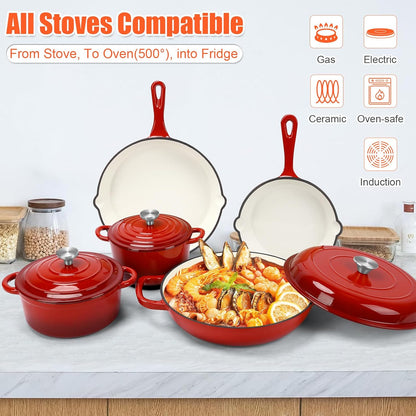 Nonstick Enameled Cast Iron Cookware Set, 8-Pcs Pots and Pans with Lid, Skillet, Frying Pan, Saucepan & Dutch Oven for All Stovetops, PFA Free - Ideal for Sourdough Bread Baking - Comes with Organizer