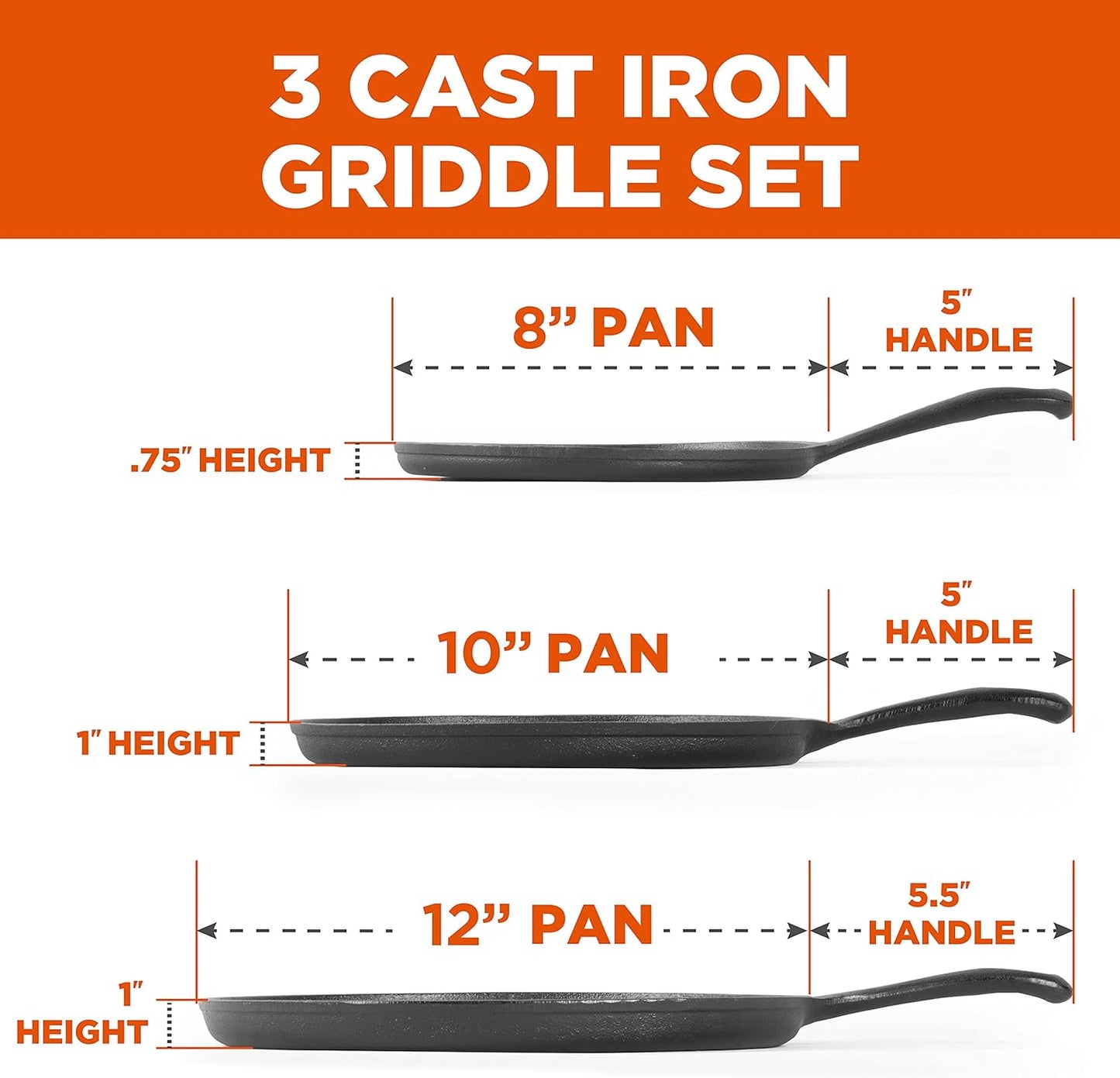 Commercial Chef round Cast Iron Griddle Pan 3-Piece Set – 8-Inch, 10-Inch, and 12-Inch - Pre-Seasoned Griddle Cast Iron Cookware