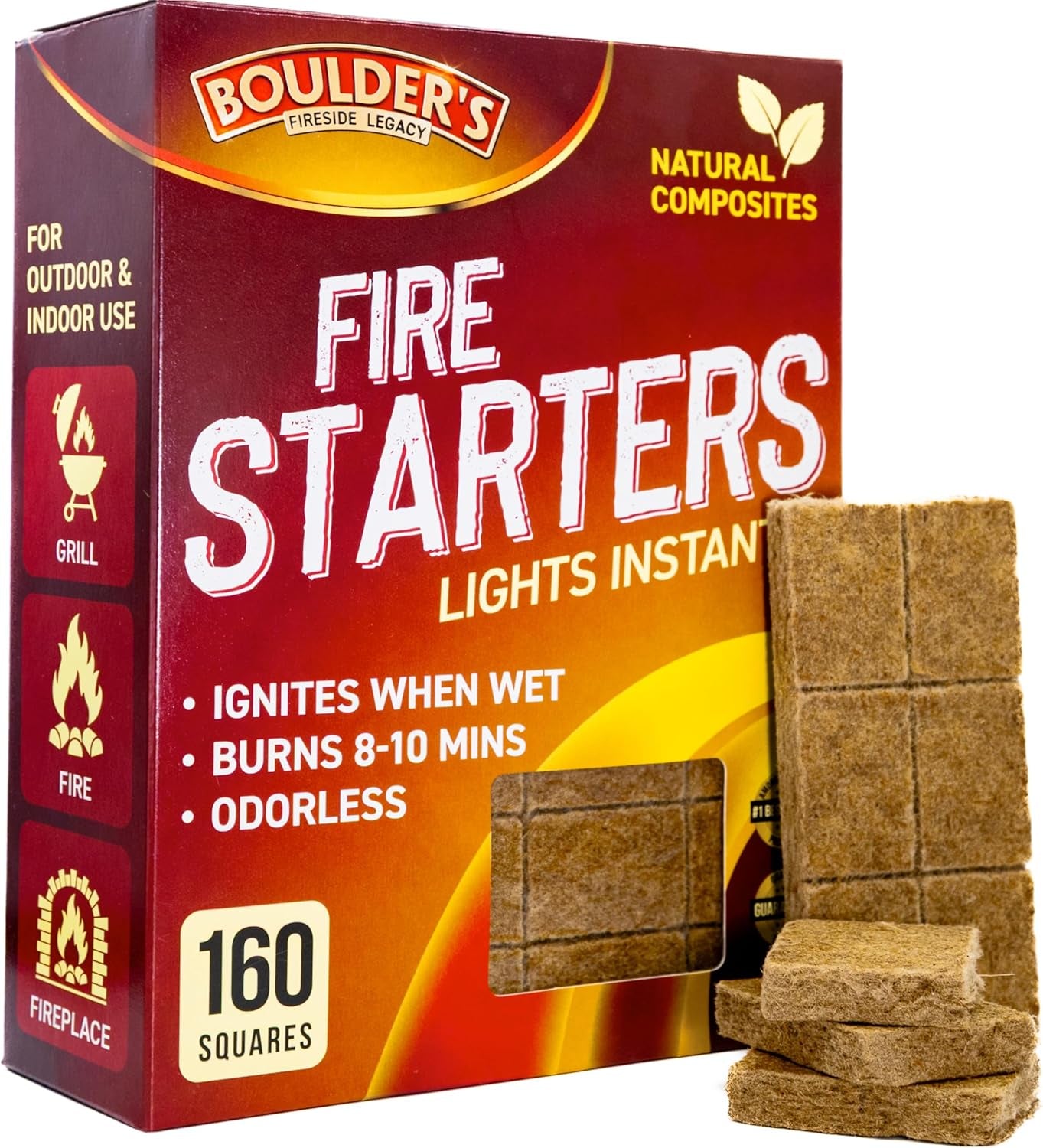 Fire Starter Cubes, 160 Pcs - Bulk Pack - Fast Grill BBQ Charcoal Start - Odorless & Waterproof - Firestarter Squares for Campfire, Outdoor Fire Pit, Wood Stove, Fireplace, Logs - Camping Essentials