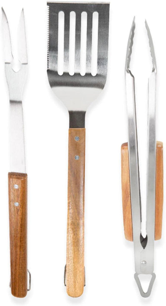 BBQ-AID 3 Piece Grill Set BBQ Accessories - Kitchen Tongs, Metal Spatula & Fork Utensils - Heavy Duty Stainless Steel Barbecue Grill Utensils for Outdoor Grill with Solid Sturdy Wood Handles