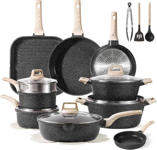 CAROTE 22Pcs Pots and Pans Set, Nonstick Cookware Sets, Granite Induction Cookware Non Stick Cooking Set W/Frying Pans & Saucepans(Pfos, PFOA Free)
