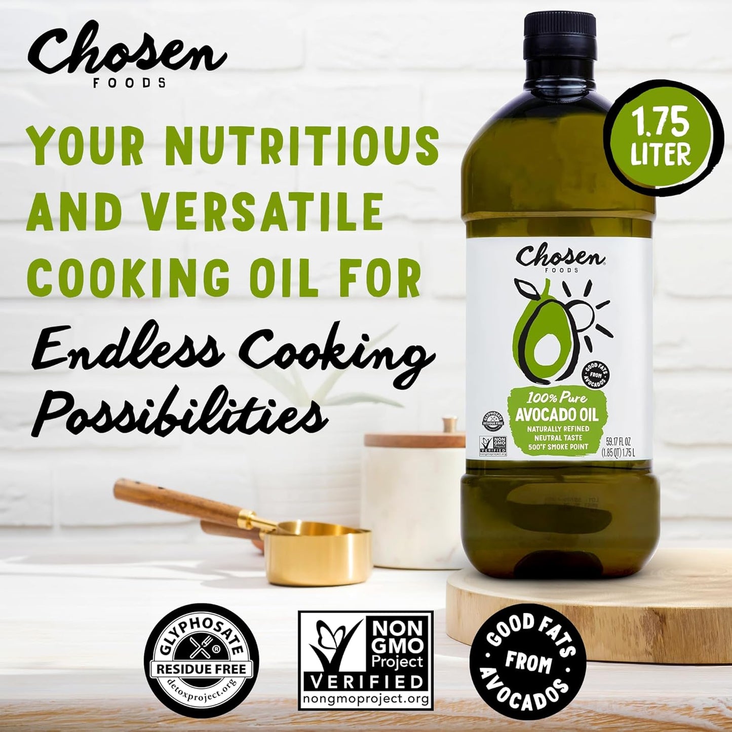Chosen Foods 100% Pure Avocado Oil for Cooking - 1.75L - Made with Good Fats from Avocados, Naturally Refined, Never Adulterated, High Smoke Point, Non-Gmo, Soy-Free, Canola Oil-Free, Gluten-Free, Paleo, Keto
