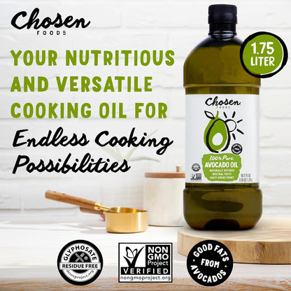 Chosen Foods 100% Pure Avocado Oil for Cooking - 1.75L - Made with Good Fats from Avocados, Naturally Refined, Never Adulterated, High Smoke Point, Non-Gmo, Soy-Free, Canola Oil-Free, Gluten-Free, Paleo, Keto