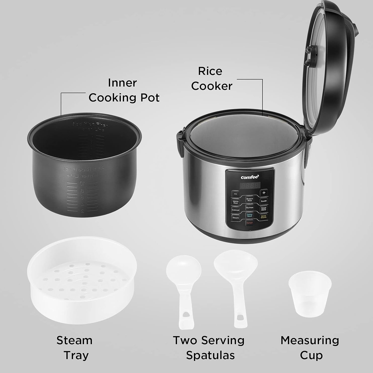 COMFEE' Rice Cooker 10 Cup Uncooked/20 Cup Cooked , Rice Maker, Steamer, Saute, Steamer and Warmer, 5.2 QT Large Capacity, Brown Rice, Quinoa and Oatmeal, 8 One-Touch Programs