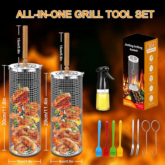 Rolling Grilling Baskets for Outdoor Grill 2 Pcs,Removable Wooden Handle,Perfect Gifts for Men Dad Husband,Portable Camping Nesting Grill Baskets for Fish, Shrimp, Meat, Vegetables