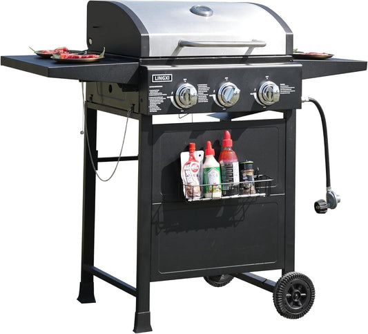 Grill Gas 3-Burner Propane Grill, Gas Grill with Front Hanging Basket, 30000 BTU Barbecue Grill, Grills Outdoor Cooking. Suitable for Backyard, Outdoor, Patio, Garden.Outside Grill.