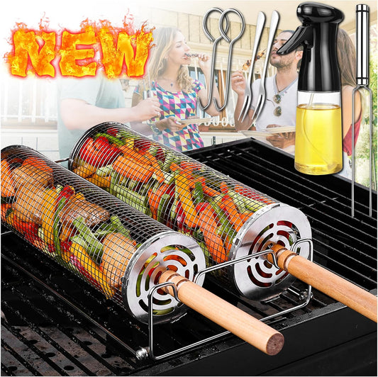 Rolling Grilling Baskets for Outdoor Grill Bbq Stainless Steel Holder Barbecue Cylinder Cage Cooking Accessories for Veggies Vegetable Camping, Birthday Gift for Men Dad Husband Him Fathers Day Papa