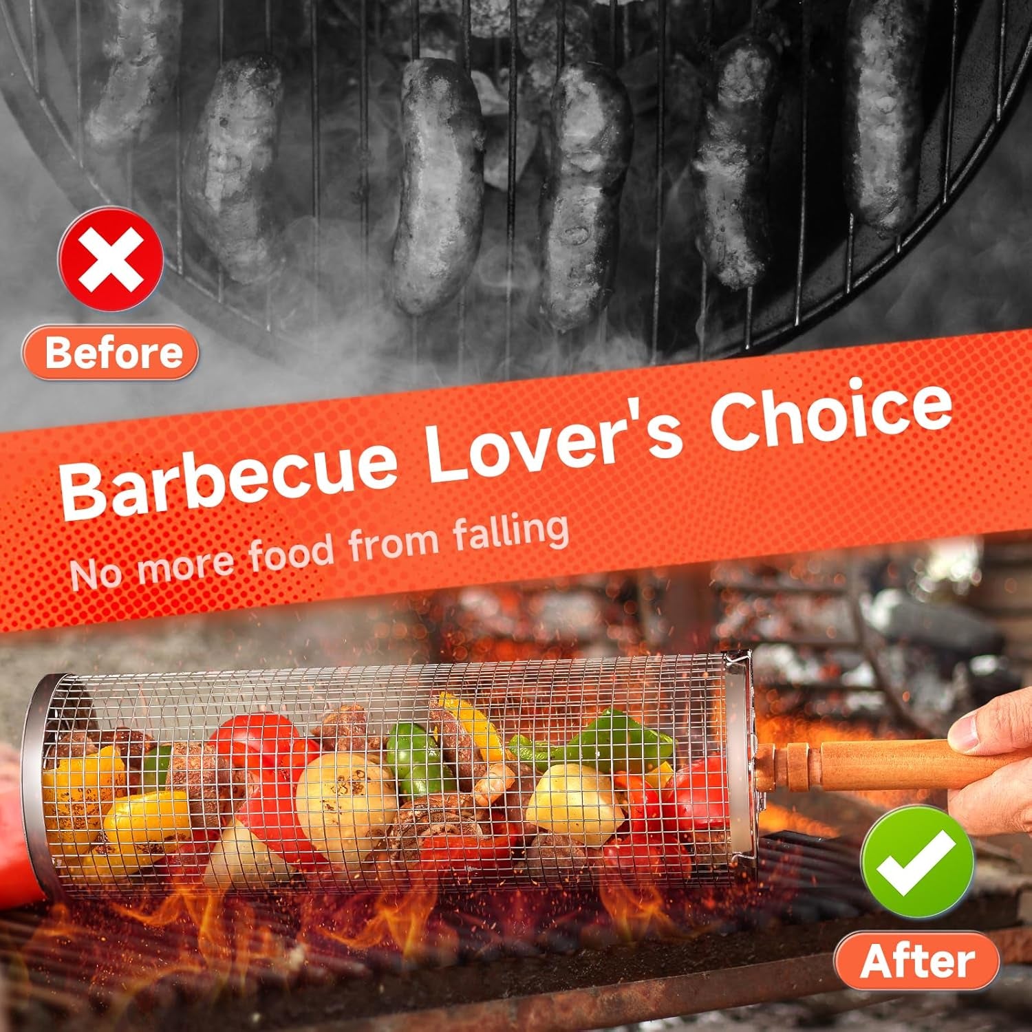 Rolling Grill Basket for Outdoor Grill 2 PCS, BBQ Grilling Gifts for Men Dad Husband, Stainless Steel Grill Mesh Barbeque Grill Accessories, Grilling Net with Wooden Handle & Stands, Outdoor Camping Tools for Chicken, Meat, Fish, Steak, Vegetables, Seafood