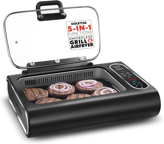 Gourmia Smokeless Indoor Grill & Air Fryer Raclette Grill with Smoke Extracting Technology for Indoor Grill Extra-Large Nonstick Cooking Electric Grill Indoor Korean BBQ Style 6 Quart Foodstation™