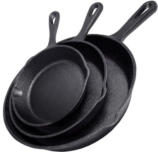 Cast Iron Skillet 3-Piece Set - Heavy-Duty Professional Restaurant Chef Quality Pre-Seasoned Pan Cookware Set - 10", 8", 6" Pans - for Frying, Saute, Cooking, Pizza & More,Black