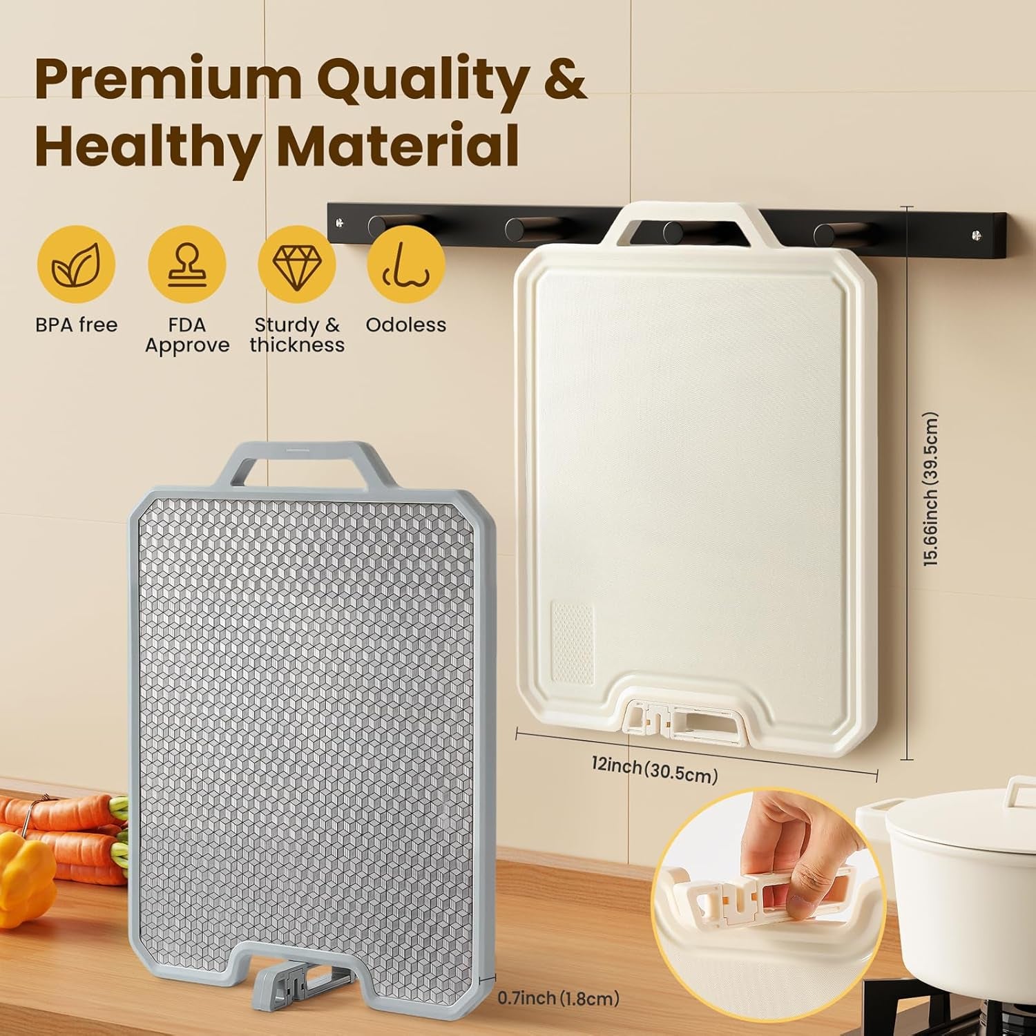 Double Sided Cutting Boards for Kitchen-16X 12 Inch 304 Stainless Steel & Wheat Straw PP Cutting Board for Meat/Vegetable-Non Slip,Dishwasher Safe and Scratch Resistant Chopping Board Beige