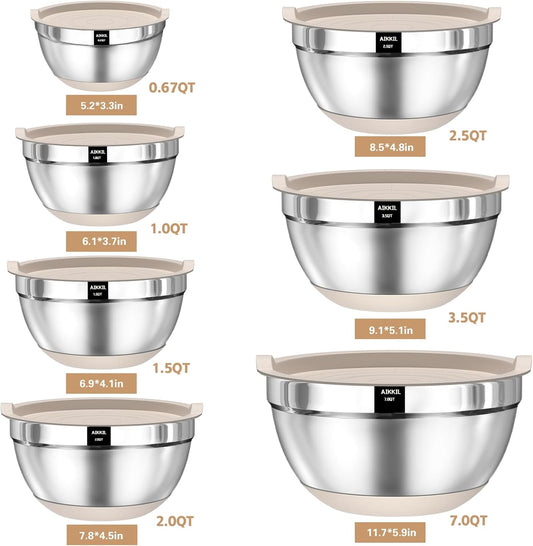 Mixing Bowls with Airtight Lids, 20 Piece Stainless Steel Metal Nesting Bowls, Non-Slip Silicone Bottom, Size 7, 3.5, 2.5, 2.0,1.5, 1,0.67QT Great for Mixing, Baking, Serving (Khaki)