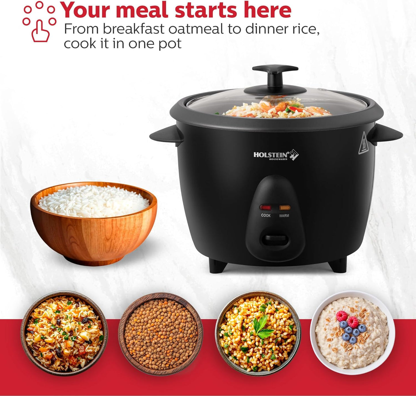 Holstein Housewares 16-Cup Cooked (8-Cup Uncooked) Rice Cooker, Black – One-Touch Operation with Cook & Keep Warm Functions, Perfect for Rice, Quinoa, Oatmeal, Stews & Grains