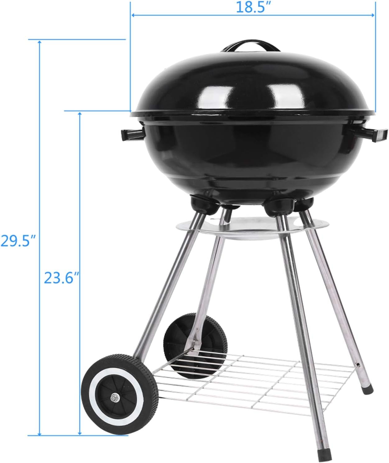 18“ Charcoal Grill with Wheels for Outdoor Cooking Barbecue Camping BBQ Coal Kettle Grill Tailgating Portable Heavy Duty round with Thickened Grilling Bowl Wheels, Black