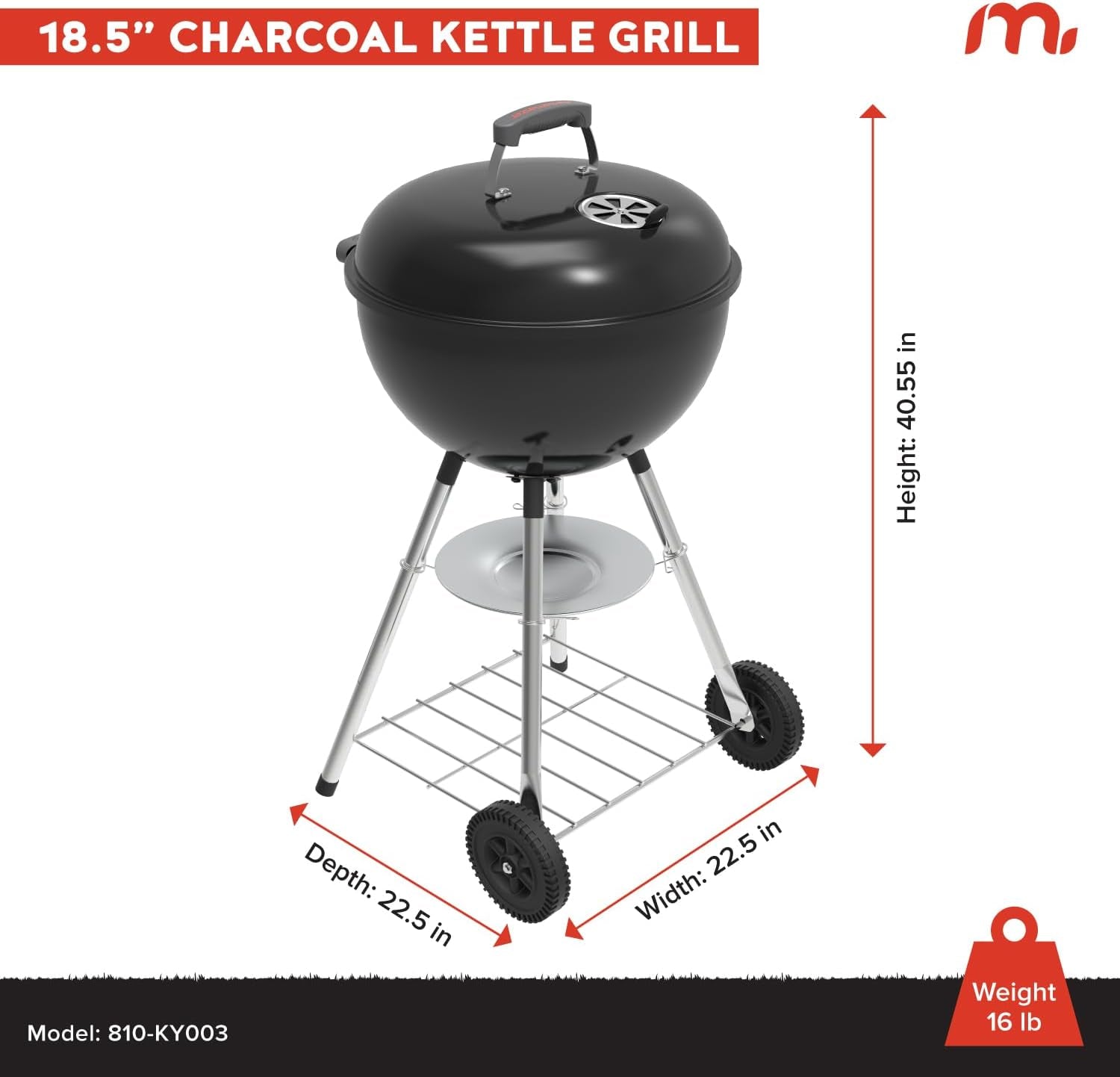 Premium Charcoal Grill, 18" Heavy Duty Charcoal Kettle Grill, Outdoor Cooking, Camping Patio, Backyard, Tailgating, Black