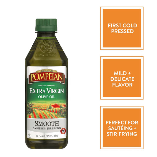 Pompeian Smooth Extra Virgin Olive Oil, Contains Polyphenols, First Cold Pressed, Mild and Delicate Flavor, Perfect for Sauteing & Stir-Frying, Naturally Gluten-Free, Non-Gmo, 16 FL Oz, Single Bottle