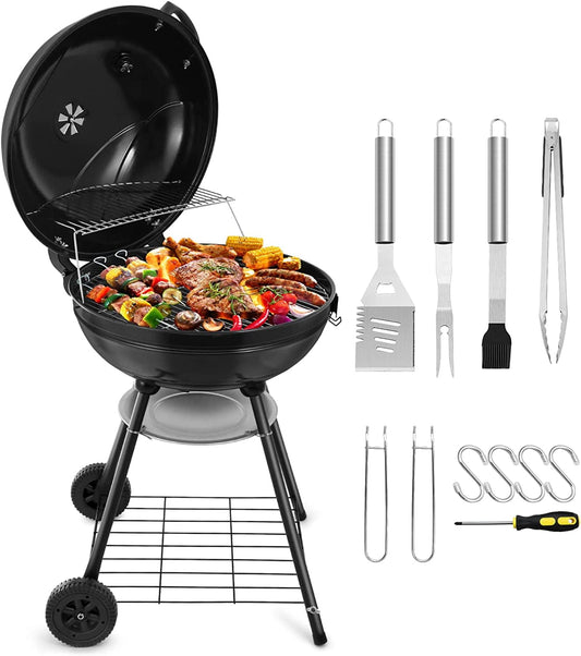 22-Inch Charcoal Kettle Grill Set of 12, Hasteel 2 Layer Grilling Racks Outdoor BBQ Grill, Heavy Duty Large Enameled Grills with Grilling Accessories for Camping Backyard Picnic, Barbecue Spatula