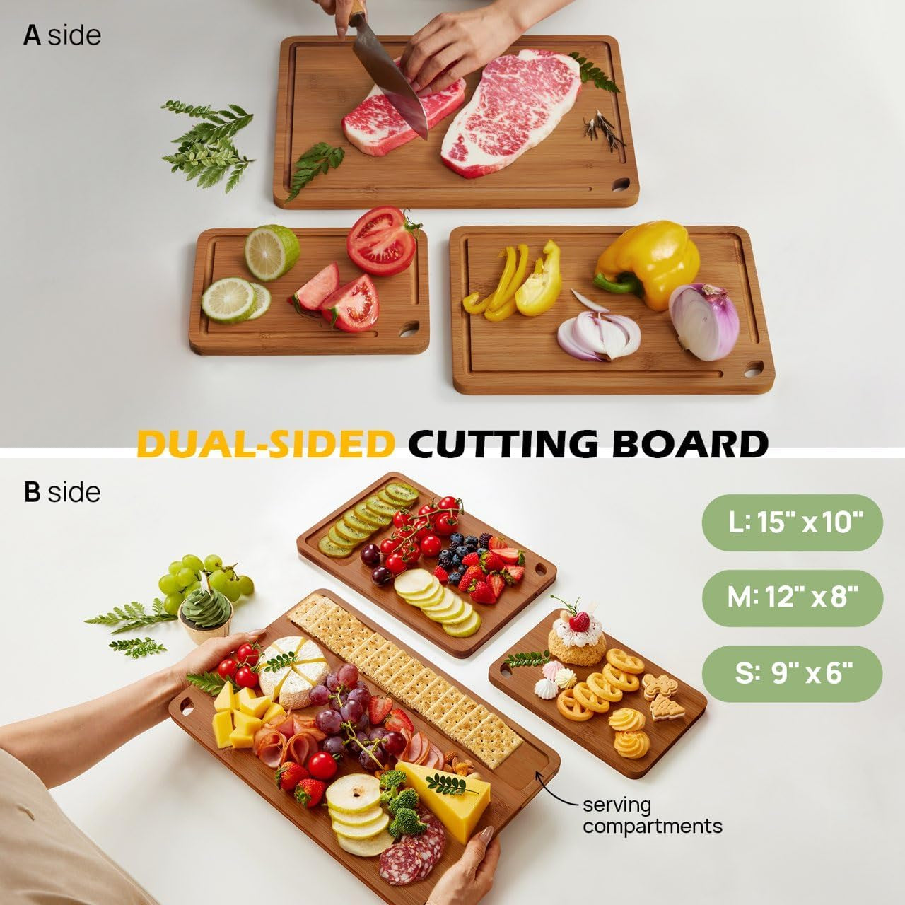 Bamboo Cutting Board, Durable Wood Cutting Boards for Kitchen with Deep Juice Grooves & Built-In Handles, Ideal Charcuterie & Chopping for Meat, Vegetables and Fruits Ideas Kitchen Gift for Home Cooks